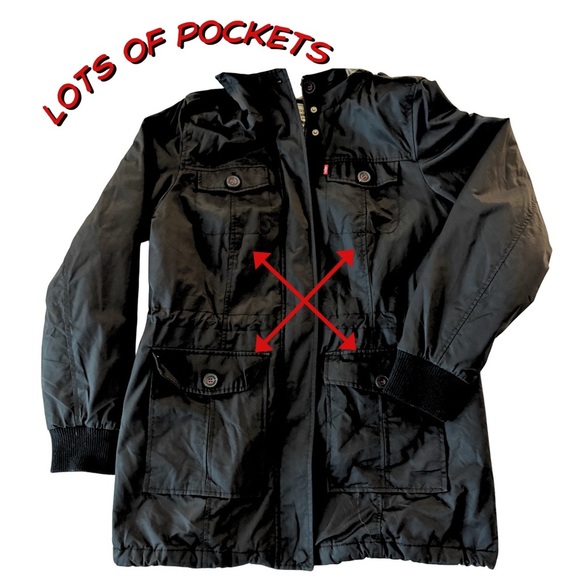 Levi’s Black Sherpa Lined Parka Women’s Size M Faux Fur Hood Mid-Thigh Jacket - Picture 2 of 8